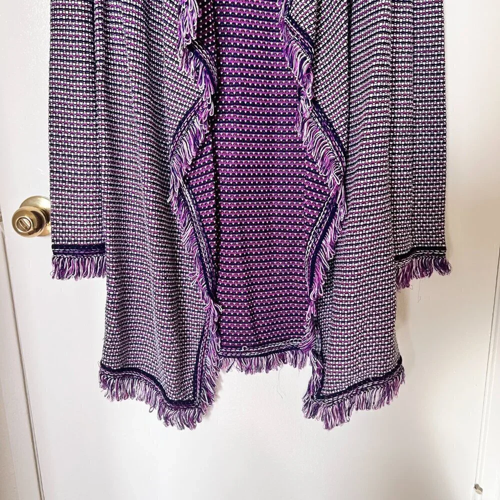 NWT St. John Fiore Knit Coat Open Waterfall Fringe Wool Blend Cardigan Purple M